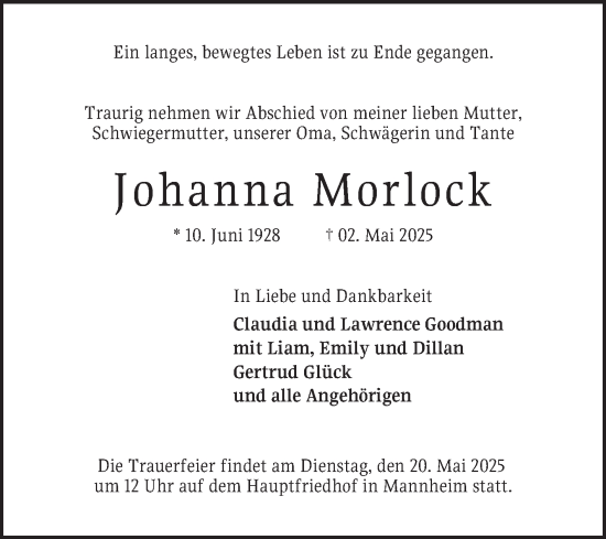 Traueranzeige von Johanna Morlock von Mannheimer Morgen