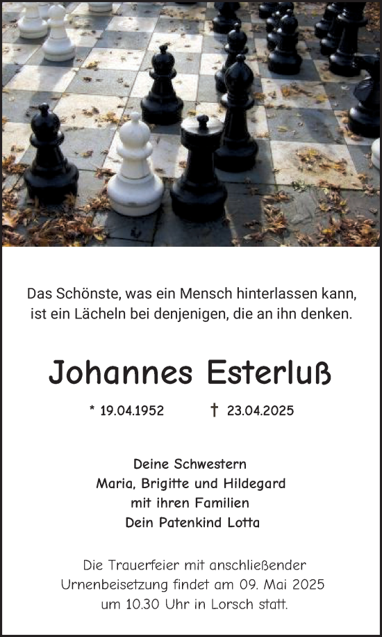 Traueranzeige von Johannes Esterluß von Bergsträßer Anzeiger