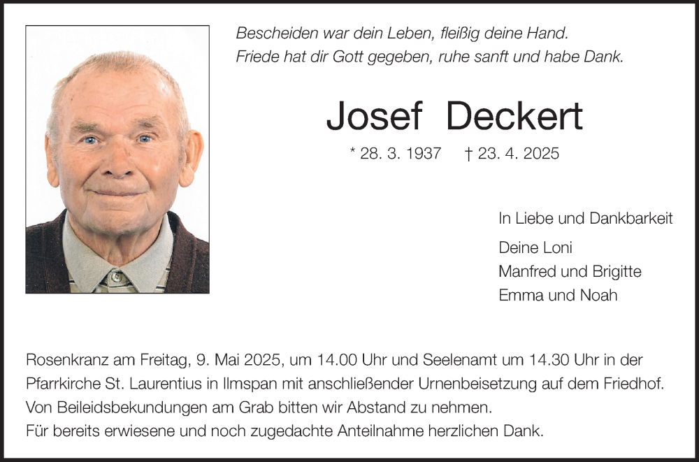  Traueranzeige für Josef Deckert vom 03.05.2025 aus Fränkische Nachrichten