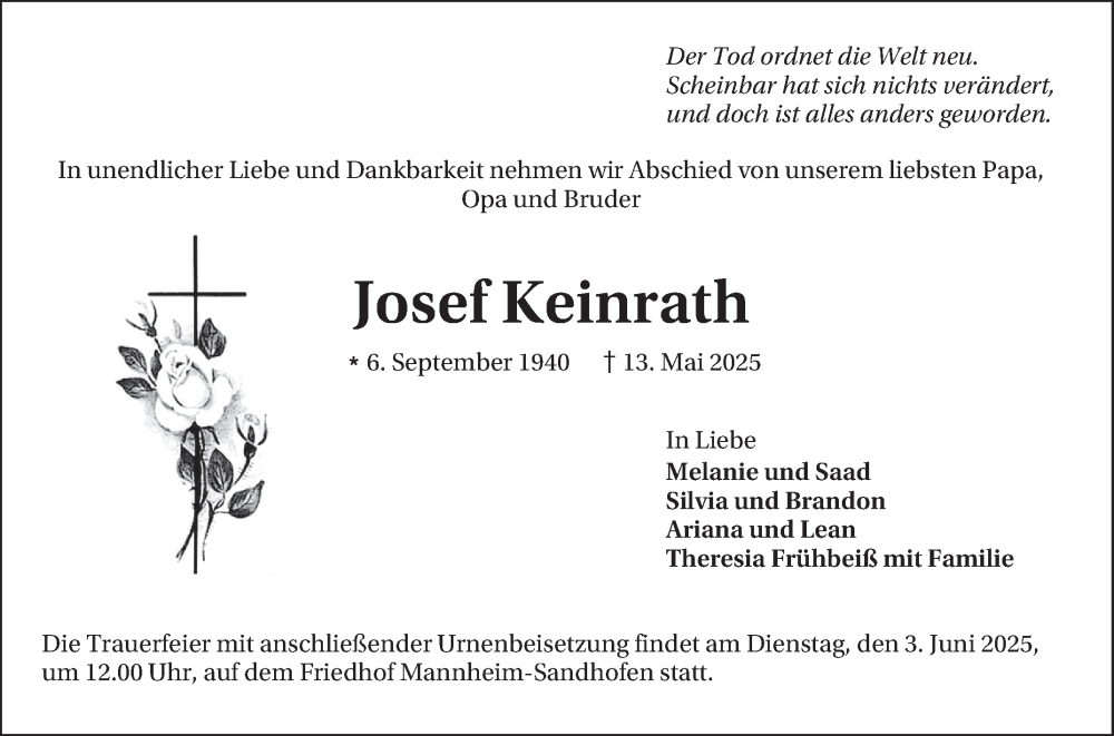 Traueranzeige für Josef Keinrath vom 31.05.2025 aus Mannheimer Morgen