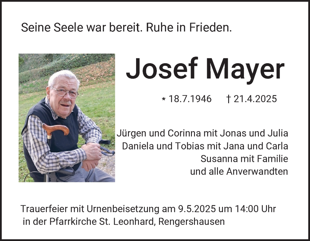  Traueranzeige für Josef Mayer vom 03.05.2025 aus Fränkische Nachrichten