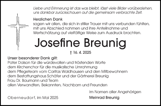 Traueranzeige von Josefine Breunig von Fränkische Nachrichten