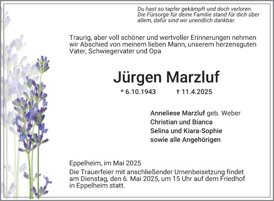 Traueranzeige von Jürgen Marzluf von Schwetzinger Zeitung