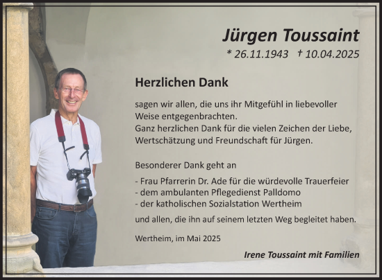 Traueranzeige von Jürgen Toussaint von Fränkische Nachrichten