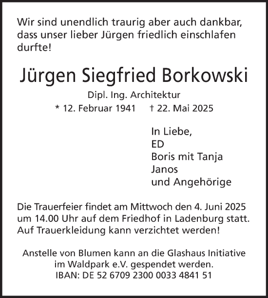 Traueranzeige von Jürgen Siegfried Borkowski von Mannheimer Morgen