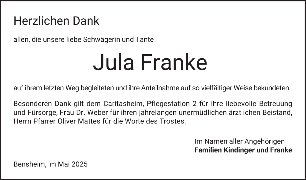  Traueranzeige für Jula Franke vom 10.05.2025 aus Bergsträßer Anzeiger
