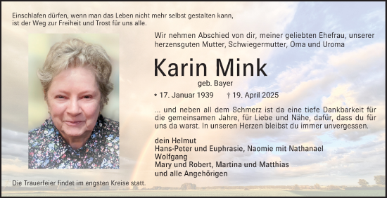 Traueranzeige von Karin Mink von Bergsträßer Anzeiger