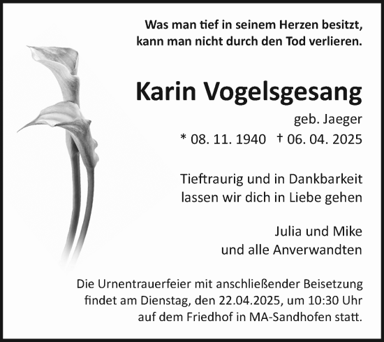 Traueranzeige von Karin Vogelsgesang von Mannheimer Morgen