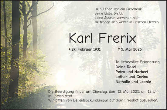 Traueranzeige von Karl Frerix von Bergsträßer Anzeiger