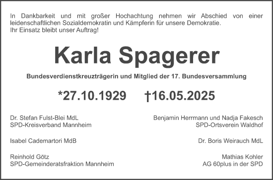Traueranzeige von Karla Spagerer von Mannheimer Morgen