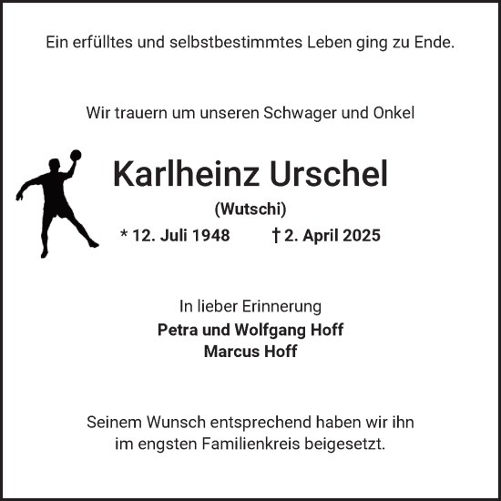 Traueranzeige von Karlheinz Urschel von Schwetzinger Zeitung