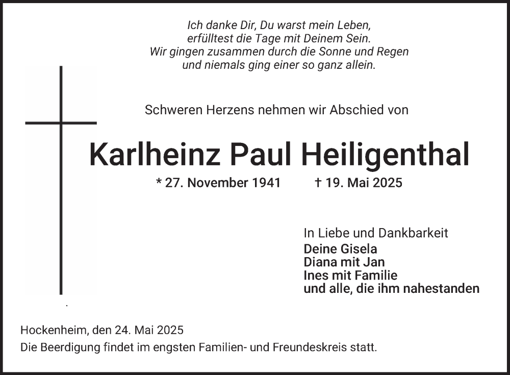  Traueranzeige für Karlheinz Paul Heiligenthal vom 24.05.2025 aus Schwetzinger Zeitung