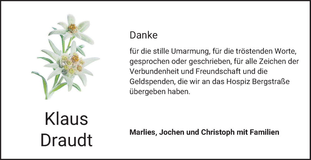  Traueranzeige für Klaus Draudt vom 19.04.2025 aus Bergsträßer Anzeiger