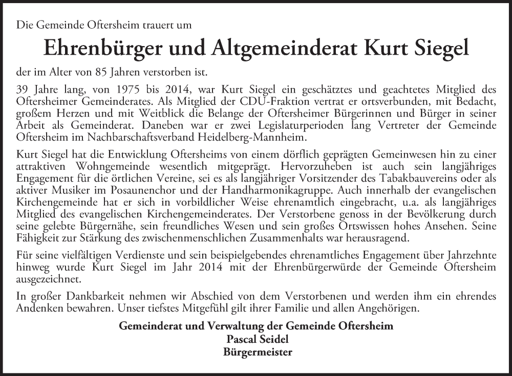  Traueranzeige für Kurt Siegel vom 19.04.2025 aus Schwetzinger Zeitung