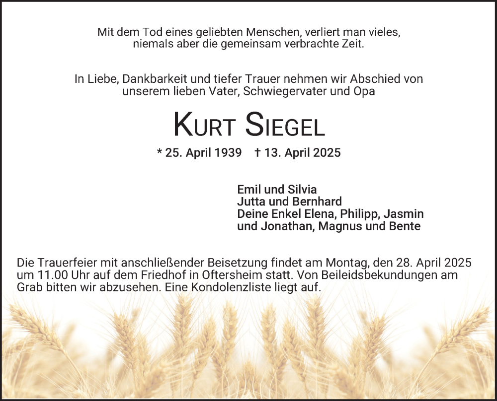 Traueranzeige für Kurt Siegel vom 19.04.2025 aus Schwetzinger Zeitung