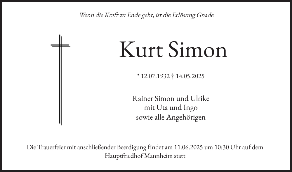  Traueranzeige für Kurt Simon vom 31.05.2025 aus Mannheimer Morgen
