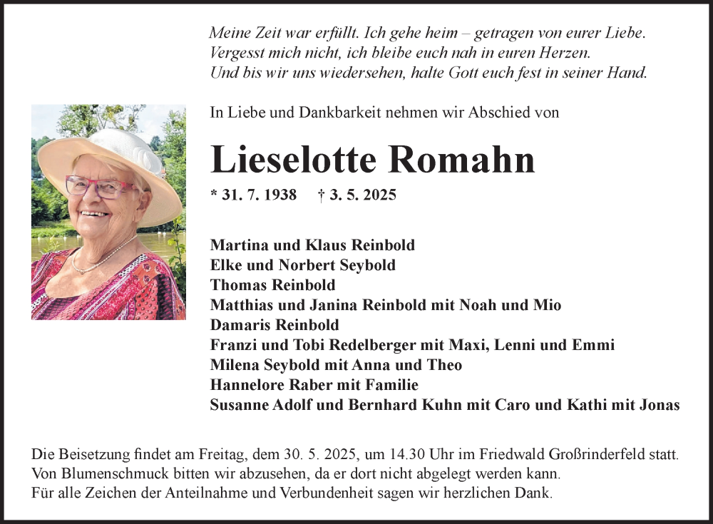  Traueranzeige für Lieselotte Romahn vom 10.05.2025 aus Fränkische Nachrichten