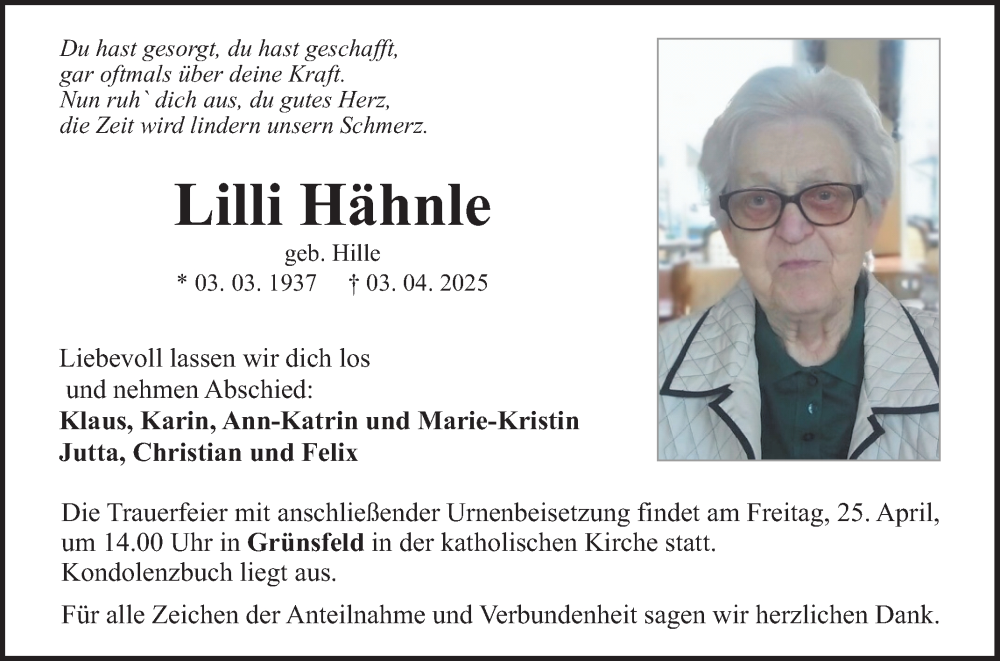  Traueranzeige für Lilli Hähnle vom 19.04.2025 aus Fränkische Nachrichten