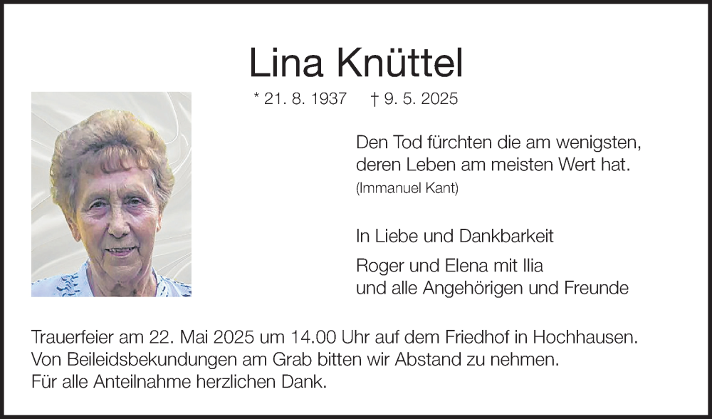  Traueranzeige für Lina Knüttel vom 17.05.2025 aus Fränkische Nachrichten