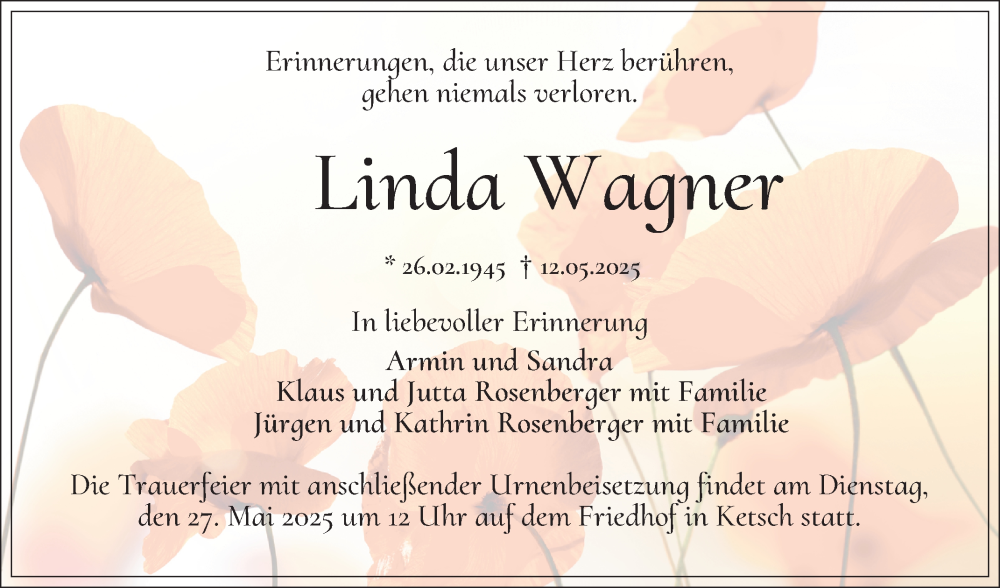  Traueranzeige für Linda Wagner vom 17.05.2025 aus Schwetzinger Zeitung