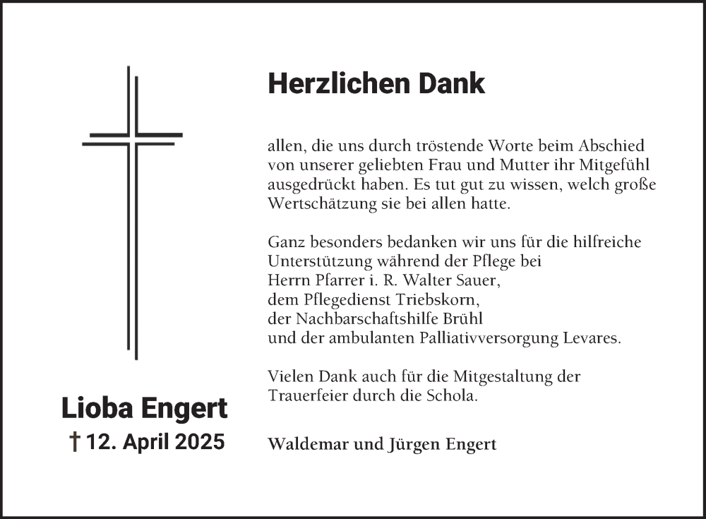  Traueranzeige für Lioba Engert vom 24.05.2025 aus Schwetzinger Zeitung