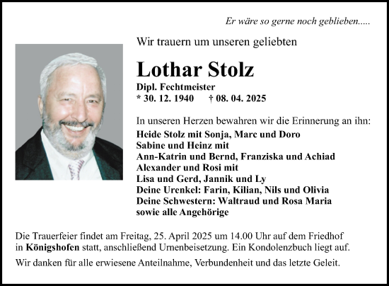 Traueranzeige von Lothar Stolz von Fränkische Nachrichten