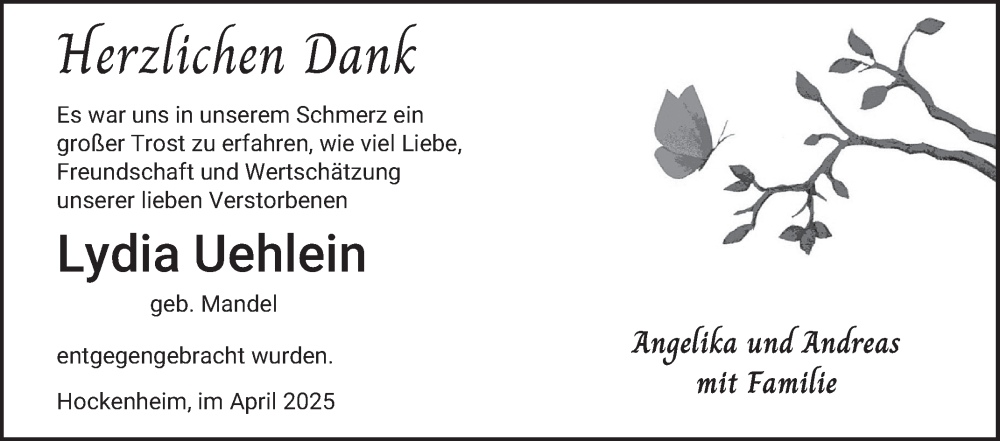  Traueranzeige für Lydia Uehlein vom 19.04.2025 aus Schwetzinger Zeitung