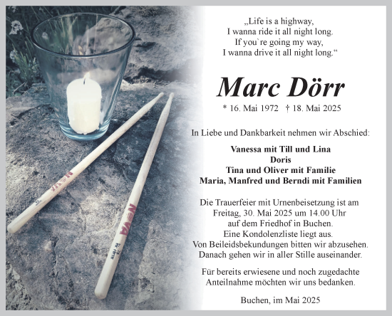 Traueranzeige von Marc Dörr von Fränkische Nachrichten