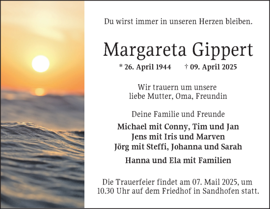 Traueranzeige von Margareta Gippert von Mannheimer Morgen