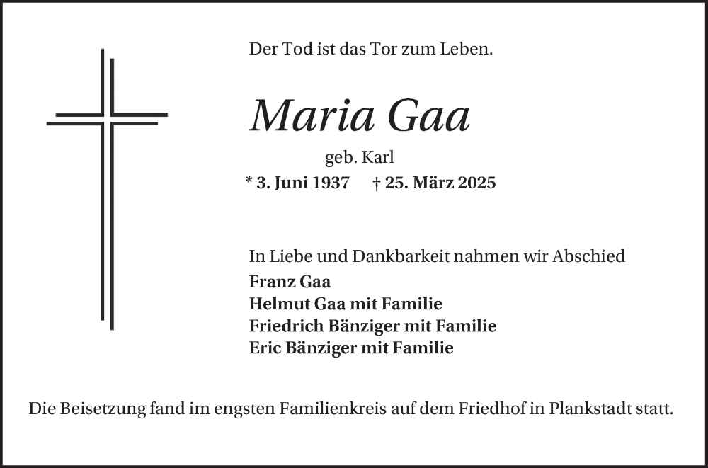  Traueranzeige für Maria Gaa vom 19.04.2025 aus Schwetzinger Zeitung