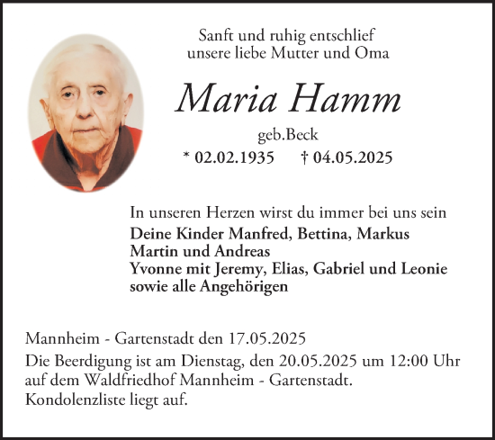 Traueranzeige von Maria Hamm von Mannheimer Morgen