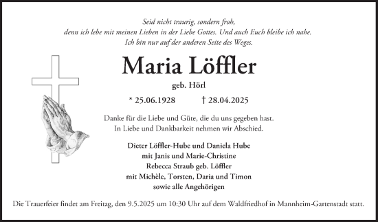 Traueranzeige von Maria Löffler von Mannheimer Morgen