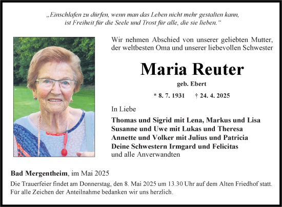 Traueranzeige von Maria Reuter von Fränkische Nachrichten