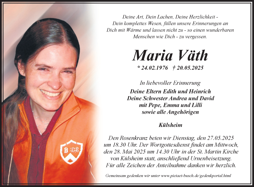  Traueranzeige für Maria Väth vom 24.05.2025 aus Fränkische Nachrichten