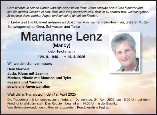 Traueranzeige von Marianne Lenz von Fränkische Nachrichten