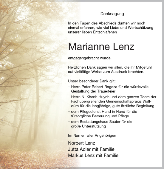 Traueranzeige von Marianne Lenz von Fränkische Nachrichten