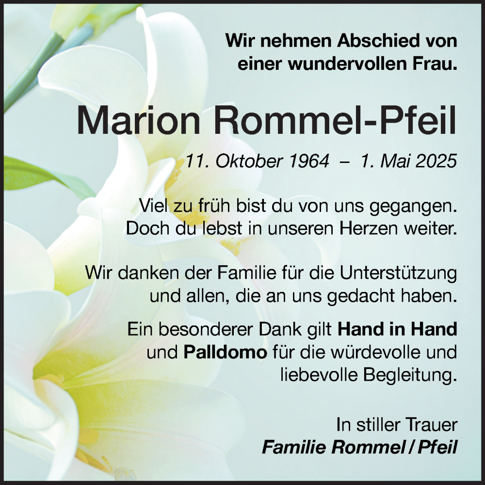  Traueranzeige für Marion Rommel-Pfeil vom 24.05.2025 aus Fränkische Nachrichten