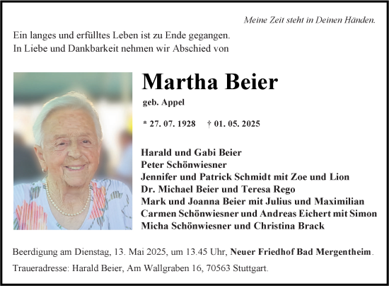 Traueranzeige von Martha Beier von Fränkische Nachrichten