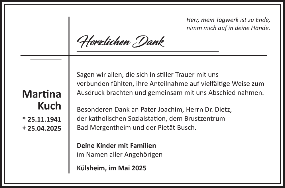  Traueranzeige für Martina Kuch vom 17.05.2025 aus Fränkische Nachrichten