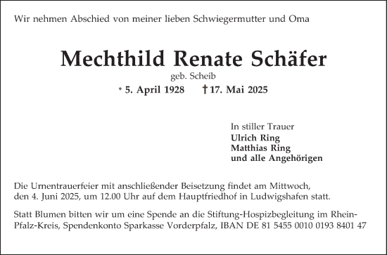 Traueranzeige von Mechthild Renate Schäfer von Mannheimer Morgen
