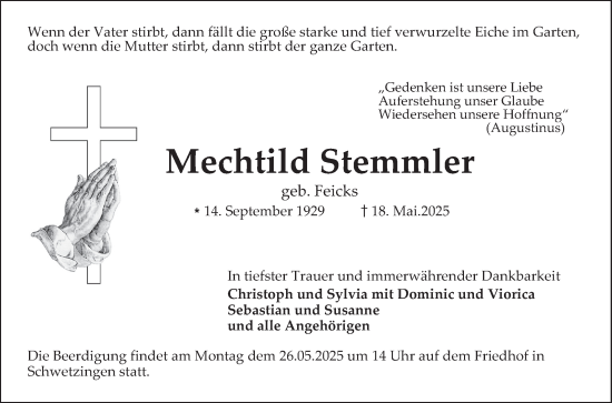 Traueranzeige von Mechtild Stemmler von Schwetzinger Zeitung