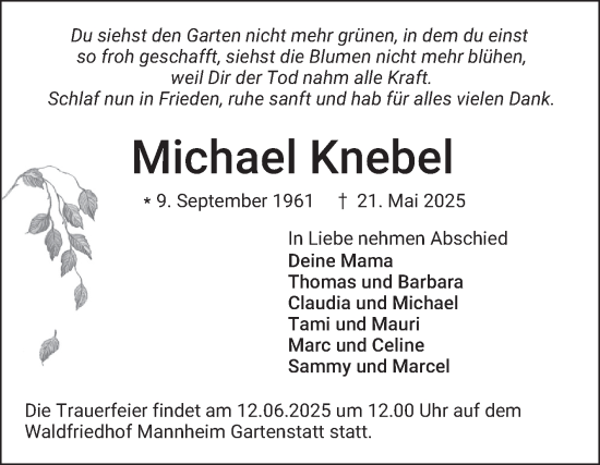 Traueranzeige von Michael Knebel von Mannheimer Morgen