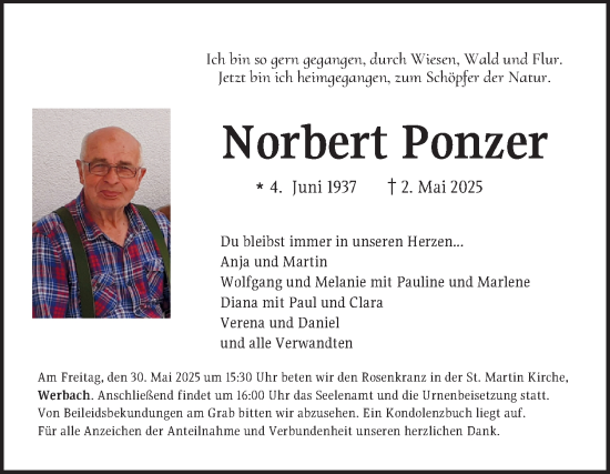 Traueranzeige von Norbert Ponzer von Fränkische Nachrichten
