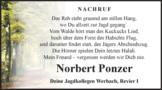 Traueranzeige von Norbert Ponzer von Fränkische Nachrichten