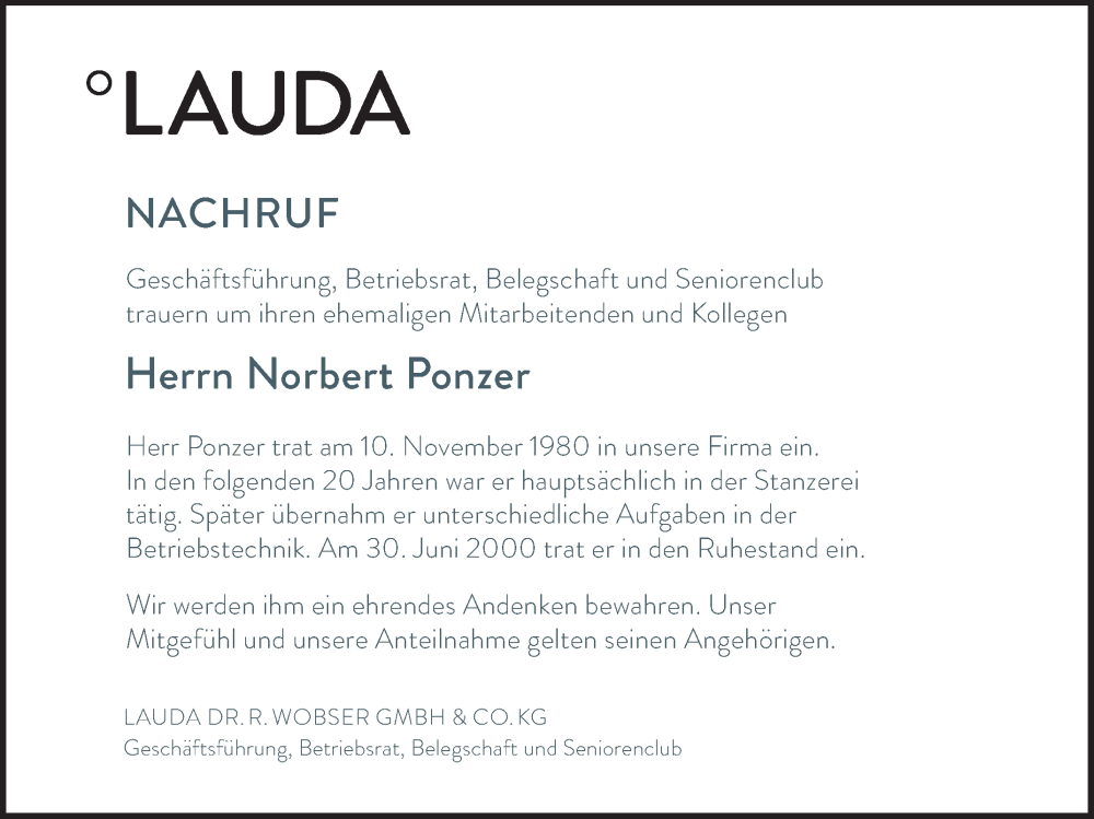  Traueranzeige für Norbert Ponzer vom 26.05.2025 aus Fränkische Nachrichten