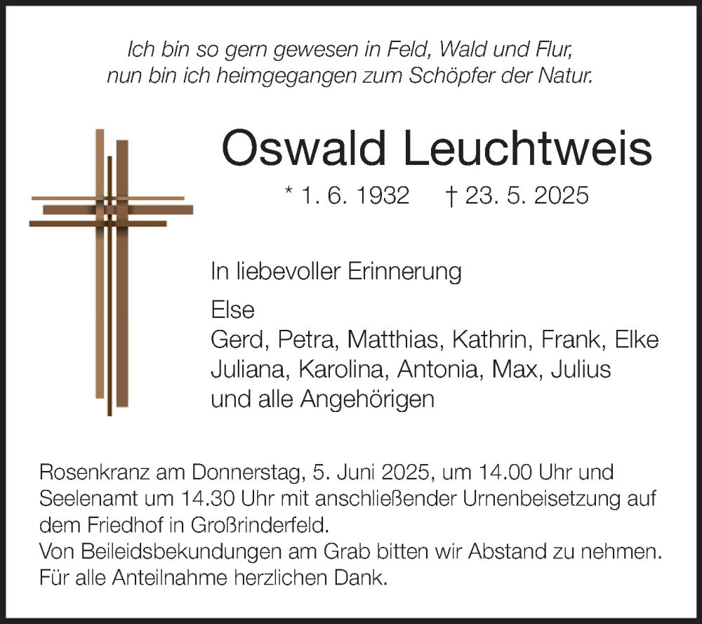 Traueranzeige für Oswald Leuchtweis vom 30.05.2025 aus Fränkische Nachrichten