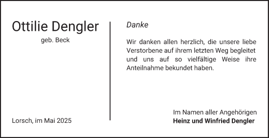 Traueranzeige von Ottilie Dengler von Bergsträßer Anzeiger