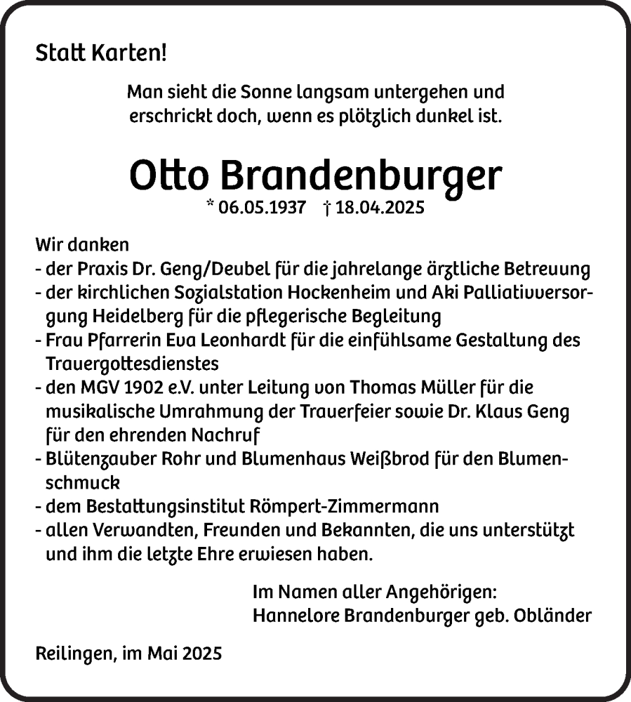  Traueranzeige für Otto Brandenburger vom 02.05.2025 aus Schwetzinger Zeitung