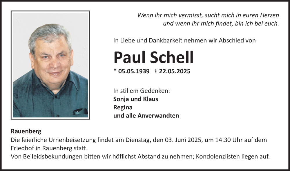  Traueranzeige für Paul Schell vom 28.05.2025 aus Fränkische Nachrichten
