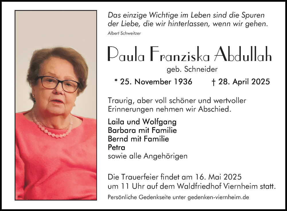  Traueranzeige für Paula Franziska Abdullah vom 10.05.2025 aus Mannheimer Morgen